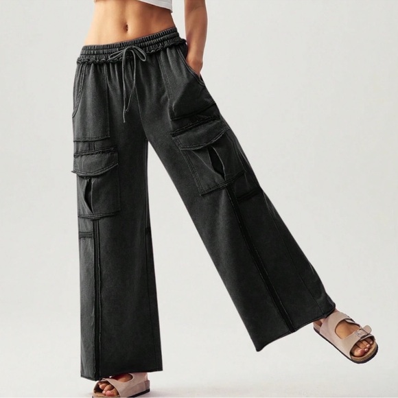 Boho Stretchy Waist Reverse Stitch Wide Leg Pants S M L XL